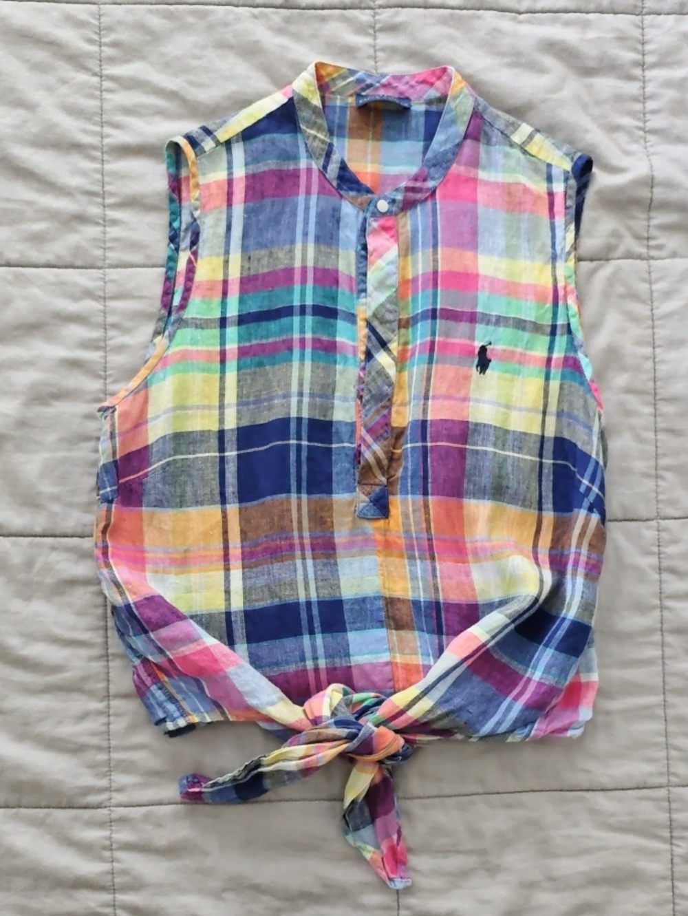 Ralph Lauren Sleeveless Multicolor Plaid Tie-Front Button Shirt